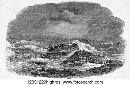 Stock Photograph - The Illustrated London News etching from 1854. The wreck of the troop ship Charlotte. The British Ship CHARLOTTE, built in 1844 at Liverpool, departed Cork for Calcutta with 168 officers and soldiers (detachments of the 27th Regiment), 14 women and 27.... Fotosearch