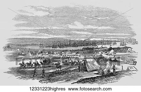 Stock Photograph - The Illustrated London News etching from 1854. French troops landing at Cape Chersonese. The British, under the command of Lord Raglan, and the French, under Canrobert, positioned their troops to the south of the port on the Chersonese Peninsula: the.... Fotosearch