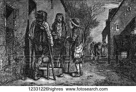Stock Photograph - The Illustrated London News etching from 1854. Christmas Eve in Britany. People ion the street talking. A man on crutches at night. Fotosearch