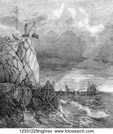 Stock Photograph - The Illustrated London News etching from 1854. The Lizard Serpentime signal staff quarry near Cadgwith, Cornwal. Fotosearch