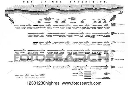 Stock Photograph - The Illustrated London News etching from 1854. the official arrangement of the British Division off the coast of the Crimea.. Fotosearch