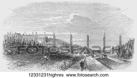 Stock Photograph - The Illustrated London News etching from 1854. The Crumlin viaduct, on the Western Valley Railway. The Crumlin Viaduct was a railway viaduct located above the village of Crumlin in South Wales, originally built to carry the Taff Vale Extension of the.... Fotosearch