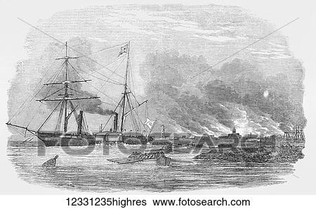 Stock Photograph - The Illustrated London News etching from 1854. Destruction of Sulineh at the mouth of the Danube. A paddle steamer with survivors rowing to shore. Fotosearch