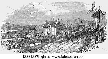 Stock Photograph - The Illustrated London News etching from 1854. Opening of the North Devon railway, arrival of the train at Barnstaple. steam engine with carriages entering station with onlooking crowds.. Fotosearch
