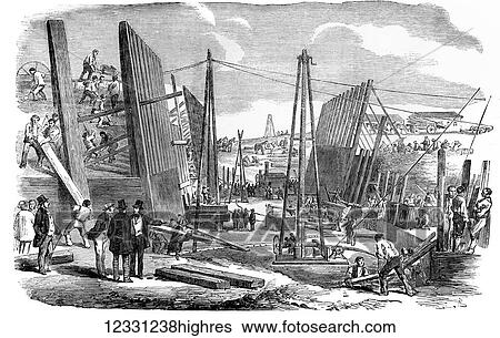 Stock Photograph - The Illustrated London News etching from 1854. The new Victoria Dock works, Plaistow Marshes, London. Fotosearch