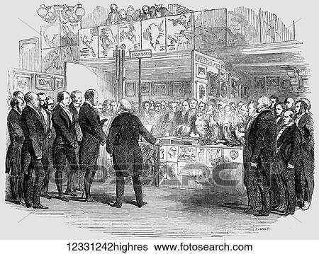 Stock Photograph - The Illustrated London News etching from 1854. Conversation of the educational at the exhibition in St Martins hall. Fotosearch
