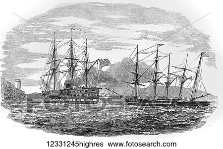 Stock Photograph - The Illustrated London News etching from 1854. the French screw steamer Charlemagne passing the castles of Europe and Asia.. Fotosearch