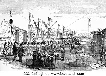 Stock Photograph - The Illustrated London News etching from 1854. Embarkation of French troops in English vessels at Calais for the Baltic. Crimean War. Fotosearch