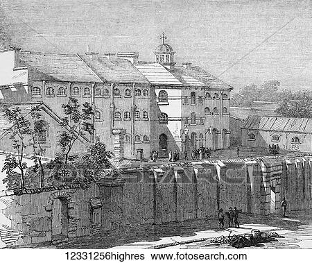 Stock Photograph - The Illustrated London News etching from 1854. Gaol at Lewes in which the Russian prisoners are confined. prison, and prisoners at Lewes. Fotosearch