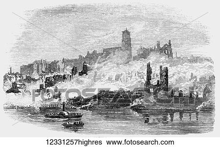 Stock Photograph - The Illustrated London News etching from 1854. The great firs of Newcastle, remains at Gateshead the site of the explosion. Fotosearch