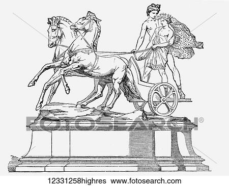 Stock Photograph - The Illustrated London News etching from 1854. The Goodwood prize, Phaeton and Apollo. Fotosearch