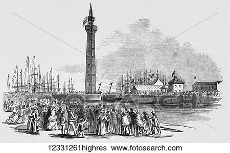 Stock Photograph - The Illustrated London News etching from 1854. Her Majesty Quen Victoria visits Hull and Grimsby. The steamer Fairy entering Grisby Port. Sailing ships and crowds int he harbour unde the lighthouse.. Fotosearch