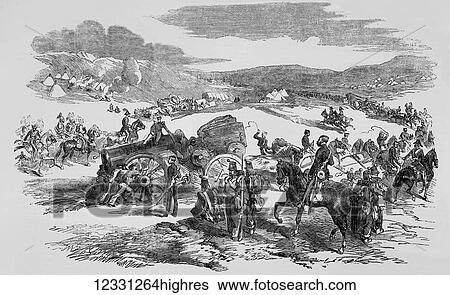 Stock Photograph - The Illustrated London News etching from 1854. Heaving guns at Balaclava. Fotosearch