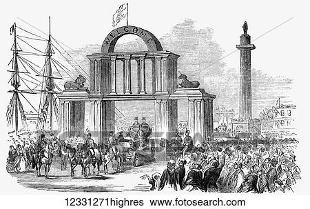 Stock Photograph - The Illustrated London News etching from 1854. Queen Victoria visit to Hull. Arch in Whitefriars at the Willberforce Column, Hull. Fotosearch