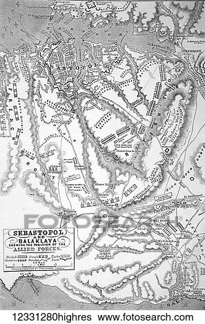 Stock Photograph - The Illustrated London News etching from 1854. A map showing position of allied forces in Sebastopol and Balaclava.. Fotosearch