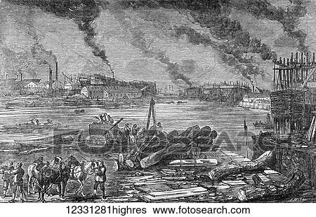 Stock Photograph - The Illustrated London News etching from 1854. Mare and Co, Iron ship building works, Bow Creek, Blackwall, London, Workers in docks, big chimneys smoke and shipbuilding. Fotosearch