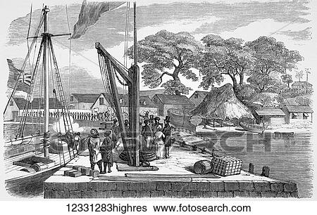The Illustrated London News etching from 1854. Matacong, west coast Africa, pier and warehouses. Peoplw on the pier with boats and cargo. Crimean war View Large Photo Image Stock Photograph - The Illustrated London News etching from 1854. Matacong, west coast Africa, pier and warehouses. Peoplw on the pier with boats and cargo. Crimean war. Fotosearch
