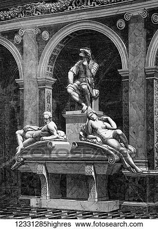 Stock Photograph - The Illustrated London News etching from 1854. The monument of Lornzo De Medici by Michael Angelo, in the Italian court at the Crystal Palace. Fotosearch