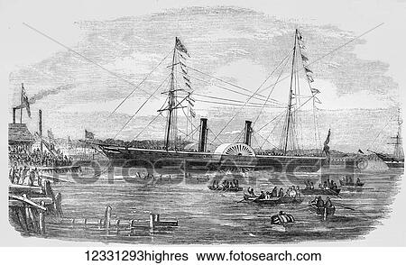 Stock Photograph - The Illustrated London News etching from 1854. Launch of thr Australian steam ship Pacific at Millwall, London. Fotosearch