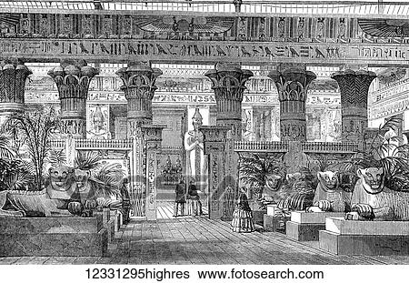 Stock Photograph - The Illustrated London News etching from 1854, Crystal Palace, entrance to the Egyptian Court from the Nave by the avenue of lions. Fotosearch