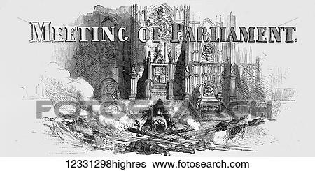 Stock Photograph - The Illustrated London News etching from 1854. Meeting of Parliment. Fotosearch