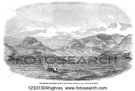 Stock Photograph - The Illustrated London News etching from 1854. The English and French camps in the Piraeus Greece. Sketched from the gulf of Egina. Sailing boat in the bay with tents oin ther mountains. Fotosearch