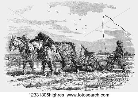 Stock Photograph - The Illustrated London News etching from 1854. Ploughing in France using a horse and old plough. Fotosearch