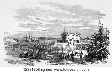 Stock Photograph - The Illustrated London News etching from 1854. Surrender of the tower of Prasto, Bomarsund, Crimean War, Finland. Fotosearch