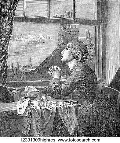 Stock Photograph - The Illustrated London News etching from 1854. Lady sayong prayers looking out of window to old street and houses. Resting on table where she had been sewing and repairing clothes. Fotosearch