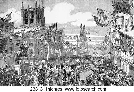 Stock Photograph - The Illustrated London News etching from 1854. Her Majesty Queen Victoria visiting Hull, the procession through the market place. Fotosearch