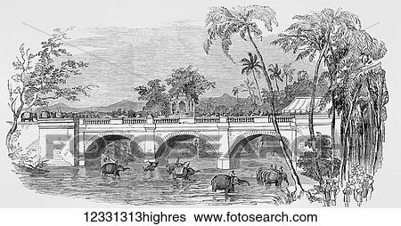 The Illustrated London News etching from 1854. Opening of a new bridge at Travancore, India, the Tajahs state procession. As the procession passes over the bridge elephants are below View Large Photo Image Stock Photograph - The Illustrated London News etching from 1854. Opening of a new bridge at Travancore, India, the Tajahs state procession. As the procession passes over the bridge elephants are below. Fotosearch