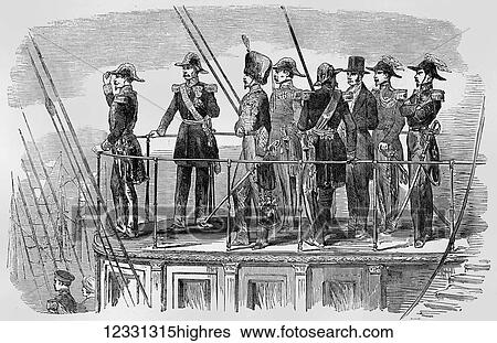 Stock Photograph - The Illustrated London News etching from 1854. the Emperor of France on board the screw steam yacht La Reine Hortense leaving the harbour. Crimean war. Fotosearch