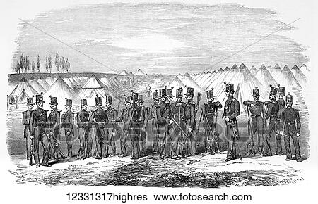 Stock Photograph - The Illustrated London News etching from 1854. Encompment of the rifle brigade at Constantinople, Crimean war. Fotosearch