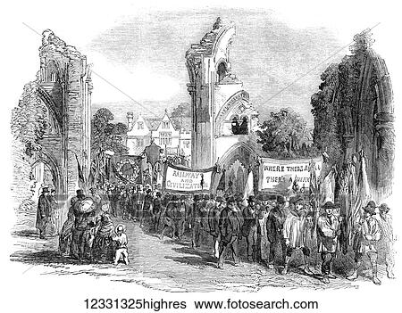Stock Photograph - The Illustrated London News etching from 1854. Opening of the Central Somerset Railway, procession in the abbey grounds at Glastonbury. Crowds with banners welcome the opening of the railway with abbey ruins in the background. Fotosearch