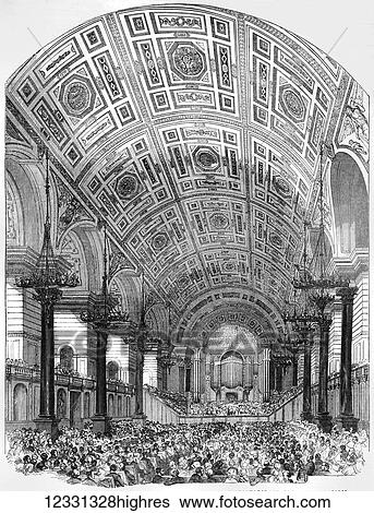 Stock Photograph - The Illustrated London News etching from 1854. Interior of St Georges Hall, Liverpool from the South. Performance of the first oratorio. Fotosearch