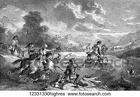 Stock Photograph - The Illustrated London News etching from 1854. Stag hunting in the reign of Geoirge II. Horses and riders with dogs galloping across the engkish countryside. Fotosearch
