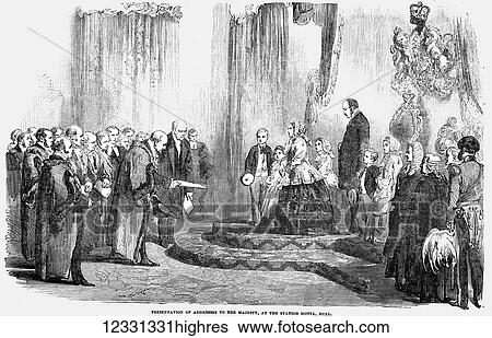Stock Photograph - The Illustrated London News etching from 1854. Her majesty Queen Victoria visit to Hull and Grimsby. Presentation of addresses tot he queen at the Station Hotel Hull. Fotosearch