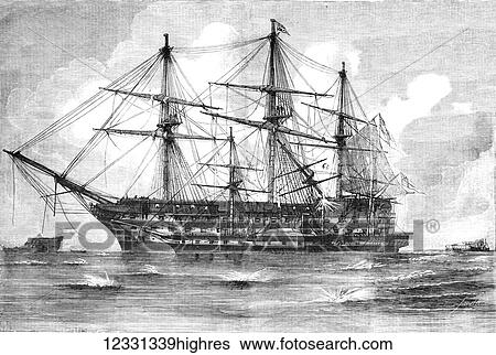 Stock Photograph - The Illustrated London News etching from 1854The Trafalgar and Retribution at the siege of Sebastapol. Fotosearch