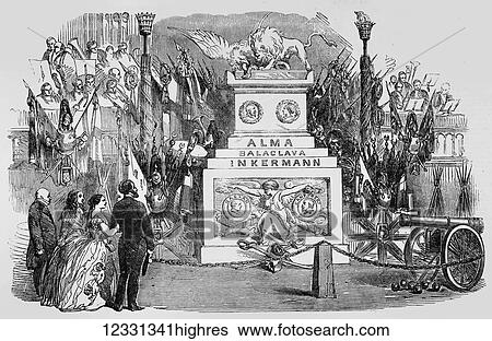 Stock Photograph - The Illustrated London News etching from 1854. Grand Military trophy at the concerts for the benefit of the patriotic fund, in the town hall birmingham. Fotosearch