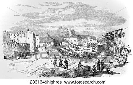 Stock Photograph - The Illustrated London News etching from 1854. Ruins at Varna after the fire in 1854. Fotosearch