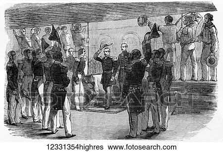 Stock Photograph - The Illustrated London News etching from 1854. Visit of the Emperor of France to the Royal Yacht at Bolougne. Fotosearch