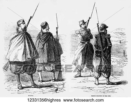 Stock Photograph - The Illustrated London News etching from 1854. Zouaves and French Infantry of the Line. The Zouaves (French pronunciation:? [zwav]) were a class of light infantry regiments of the French Army serving between 1830 and 1962 and linked to French North.... Fotosearch