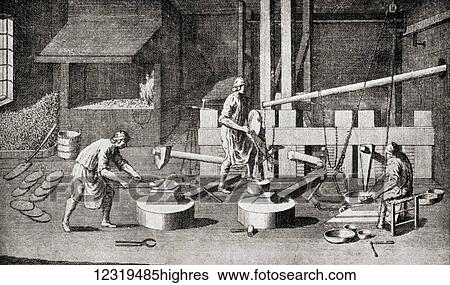 Stock Photograph - The interior of a copper and bronze battery shop in 1764. A battery was where the workers produced the sheet metal by hammering.. Fotosearch