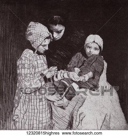 Stock Photograph - The Knitting Lesson. From the etching by W Lee Hankey from the book Princess Marie-Jos's Children's Book published 1916.. Fotosearch