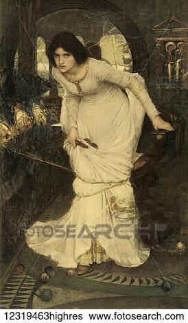The Lady of Shalott Looking at Lancelot, after the painting by J. W. Waterhouse, 1894. From Bibby's Annual, published 1915 View Large Photo Image Stock Photograph - The Lady of Shalott Looking at Lancelot, after the painting by J. W. Waterhouse, 1894. From Bibby's Annual, published 1915. Fotosearch