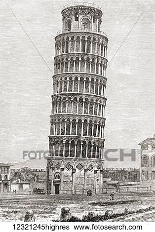 Stock Photograph - The Leaning Tower, Pisa, Tuscany, Italy in the late nineteenth century. From Italian Pictures by Rev. Samuel Manning, published c. 1890.. Fotosearch