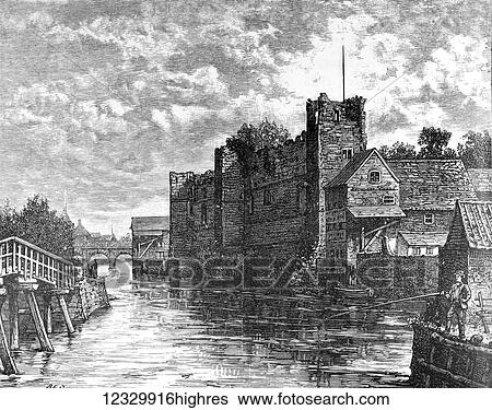 Stock Photograph - The life and times of Queeen Victoria 1901. Man fishing at Newark Castle. Bridges over river and rowing boats tied up. Fotosearch