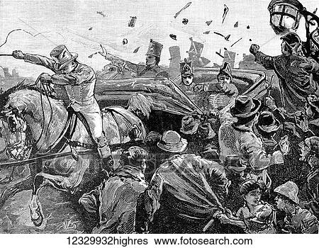 Stock Photograph - The life and times of Queeen Victoria 1901. Riots in Montreal, Lord Elgin stoned by the mob. Fotosearch
