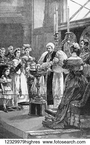 Stock Photograph - The life and times of Queeen Victoria 1901. Christening of princess Louise in Buckingham Palace chapel. Fotosearch