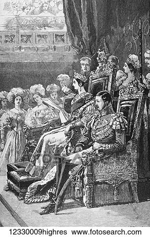 Stock Photograph - The life and times of Queeen Victoria 1901. Queen Victoria opening parliment in 1846. Fotosearch